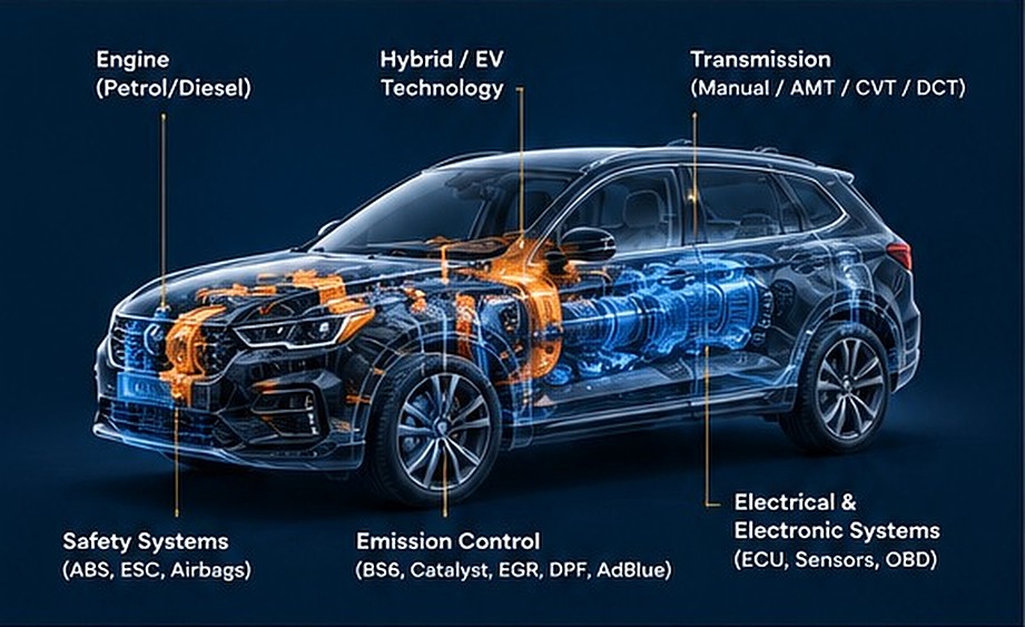 Vehicle systems: engine, hybrid/EV, transmission, safety, emission control, electrical and electronics